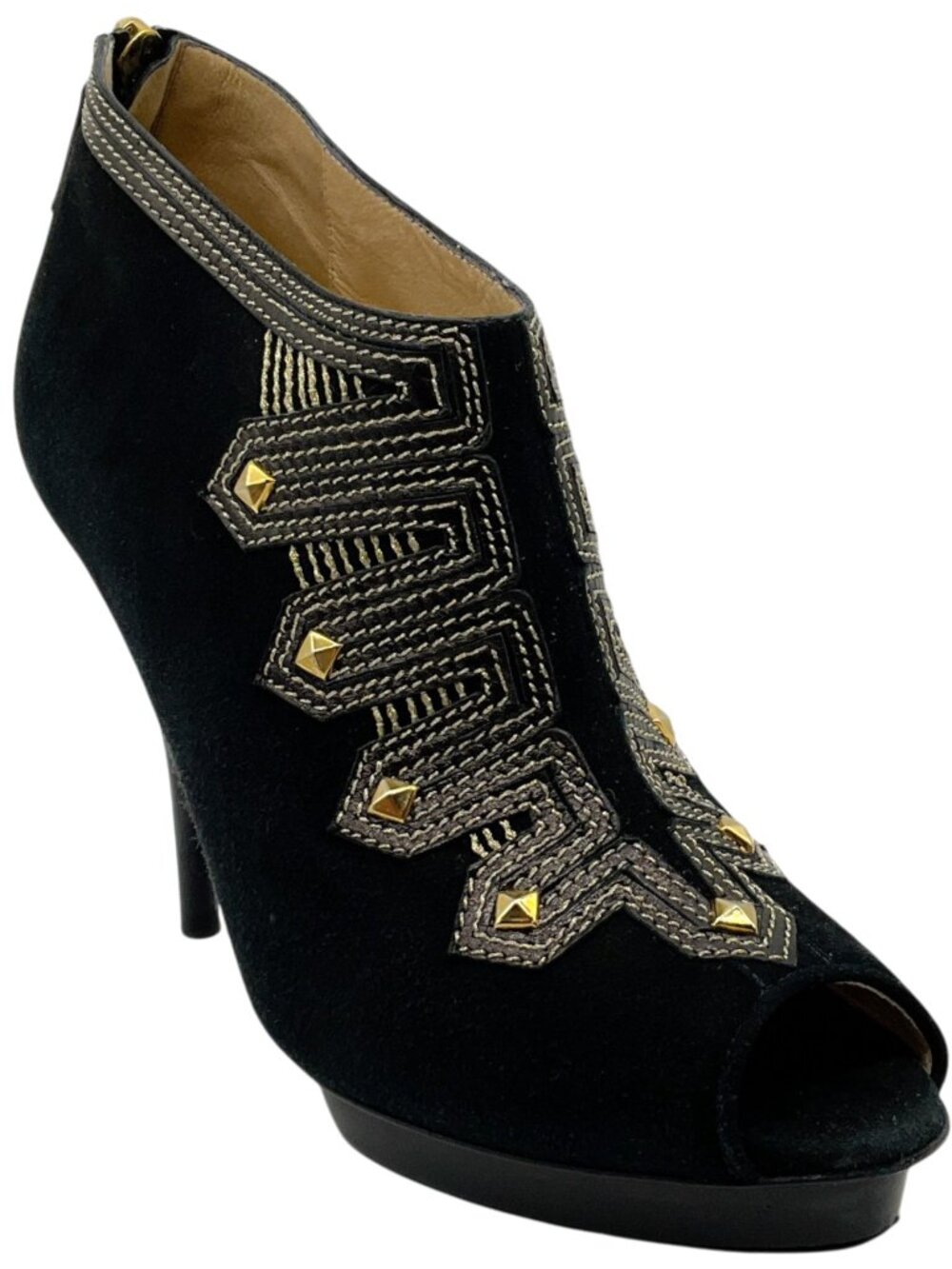 Oscar de la Renta Black Suede Peep Toe Booties with Gold Embroidery